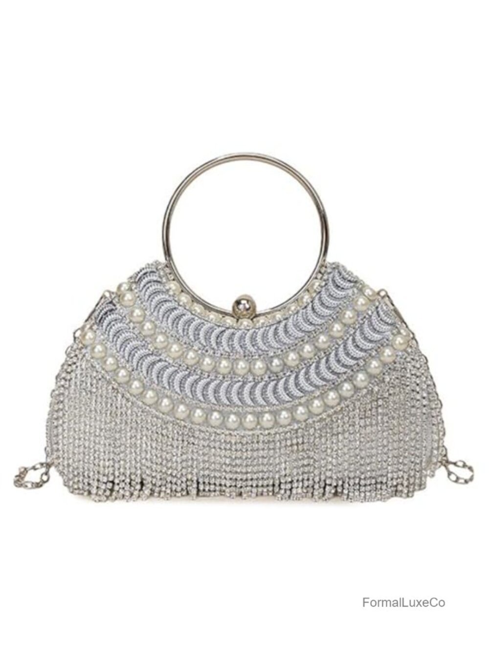 Elegant Fringe Pearl Clutch Sparkly Rhinestone Evening Bag with Detachable Chain